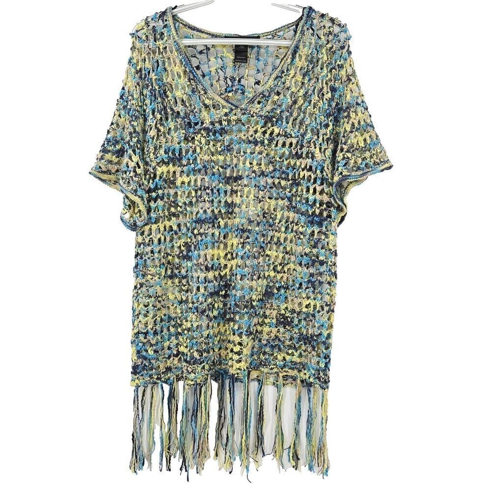 Ali Miles Crochet Fringe Top Blue & Yellow Women’s Size M V-Neck Boho Hippie